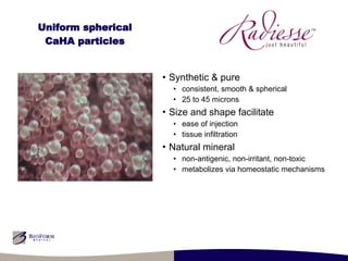 Uniform spherical CaHA particles Synthetic & pure consistent, smooth & spherical 25 to 45 microns Size and shape facilitate   ease of injection  tissue infiltration Natural mineral   non-antigenic, non-irritant, non-toxic metabolizes via homeostatic mechanisms 