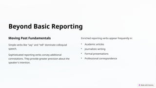 Beyond Basic Reporting
Moving Past Fundamentals
Simple verbs like "say" and "tell" dominate colloquial
speech.
Sophisticated reporting verbs convey additional
connotations. They provide greater precision about the
speaker's intention.
Enriched reporting verbs appear frequently in:
• Academic articles
• Journalistic writing
• Formal presentations
• Professional correspondence
 