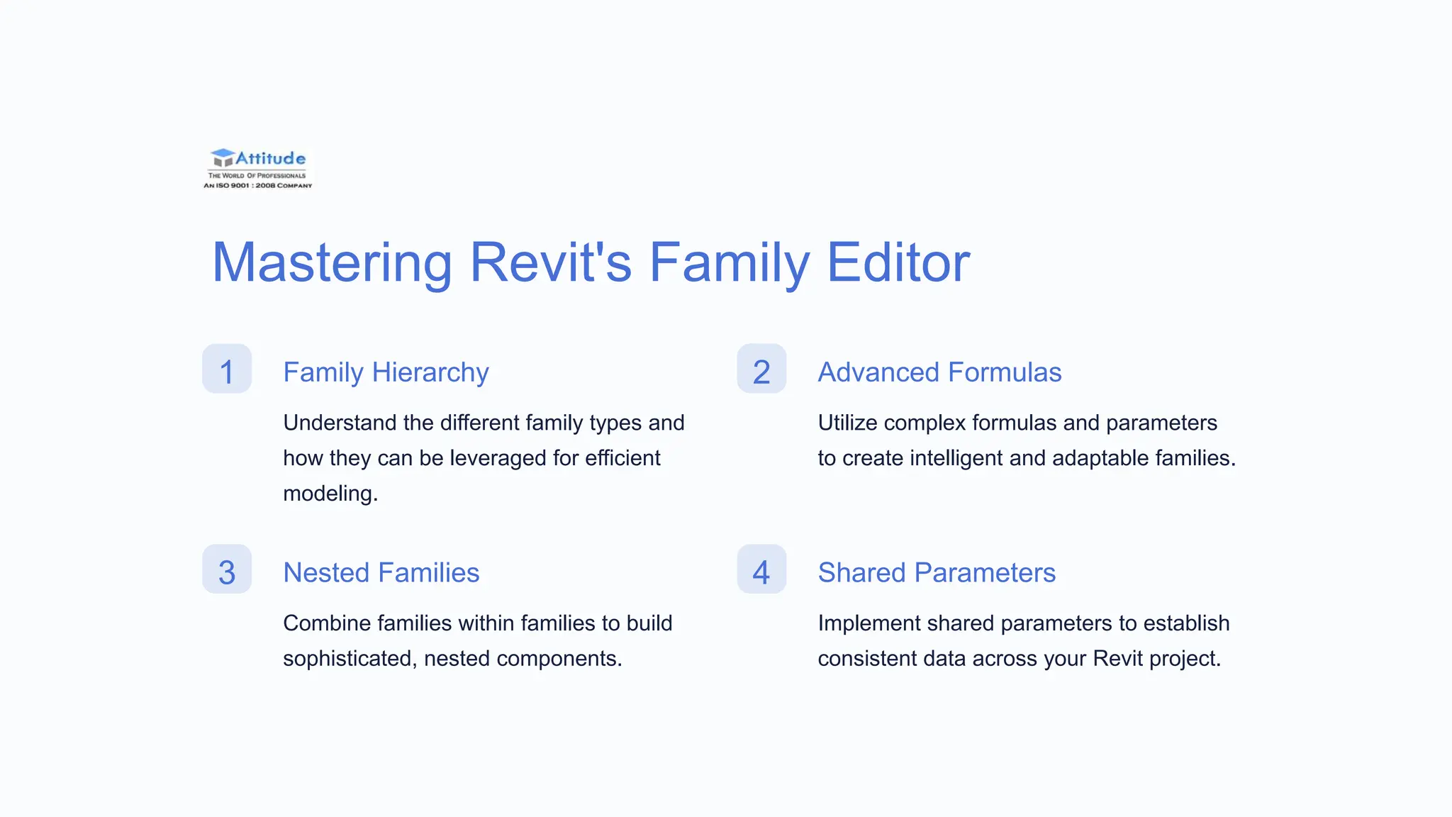 Mastering Revit's Family Editor
1 Family Hierarchy
Understand the different family types and
how they can be leveraged for efficient
modeling.
2 Advanced Formulas
Utilize complex formulas and parameters
to create intelligent and adaptable families.
3 Nested Families
Combine families within families to build
sophisticated, nested components.
4 Shared Parameters
Implement shared parameters to establish
consistent data across your Revit project.
 