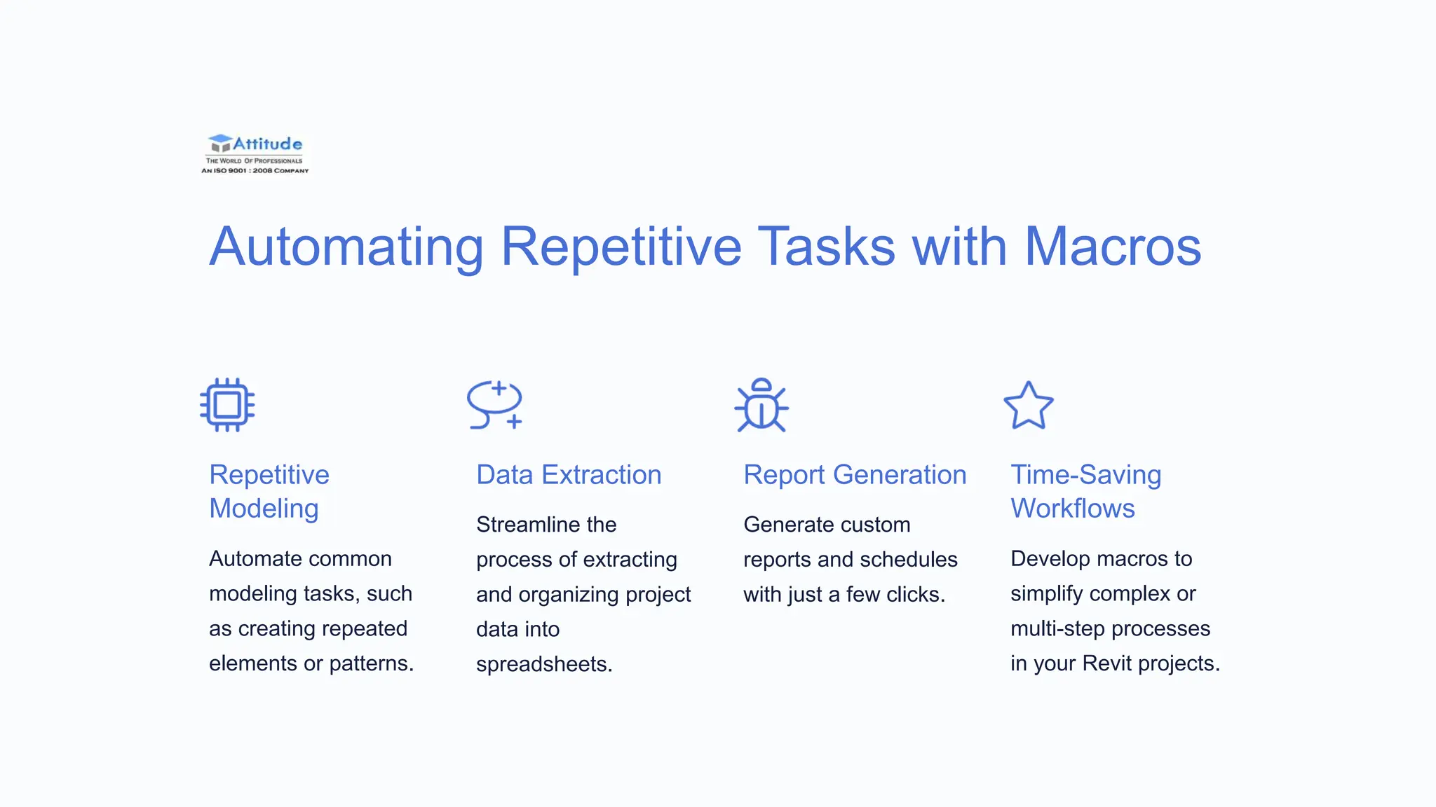 Automating Repetitive Tasks with Macros
Repetitive
Modeling
Automate common
modeling tasks, such
as creating repeated
elements or patterns.
Data Extraction
Streamline the
process of extracting
and organizing project
data into
spreadsheets.
Report Generation
Generate custom
reports and schedules
with just a few clicks.
Time-Saving
Workflows
Develop macros to
simplify complex or
multi-step processes
in your Revit projects.
 