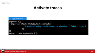 © LDEX, 2015Angular Vancouver Meetup, June 2018
ROUTING
Activate traces
23
@NgModule({
imports: [RouterModule.forRoot(routes,
{ enableTracing: environment.production ? false : true }
)]
})
export class AppModule { }
app.module.ts
 