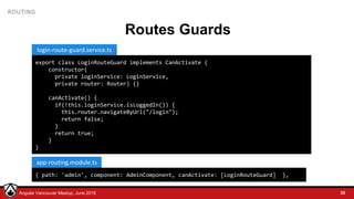 © LDEX, 2015Angular Vancouver Meetup, June 2018
ROUTING
Routes Guards
35
export class LoginRouteGuard implements CanActivate {
constructor(
private loginService: LoginService,
private router: Router) {}
canActivate() {
if(!this.loginService.isLoggedIn()) {
this.router.navigateByUrl("/login");
return false;
}
return true;
}
}
login-route-guard.service.ts
{ path: 'admin', component: AdminComponent, canActivate: [LoginRouteGuard] },
app-routing.module.ts
 
