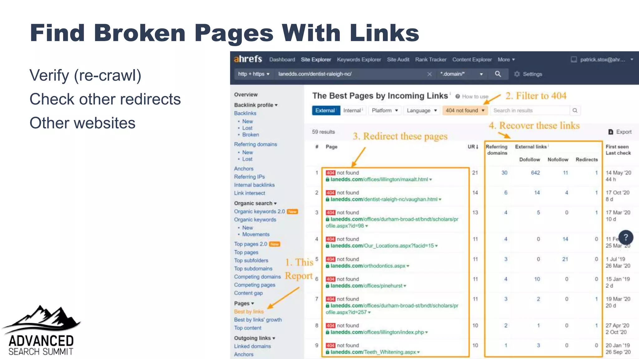@patrickstox
Find Broken Pages With Links
Verify (re-crawl)
Check other redirects
Other websites
 