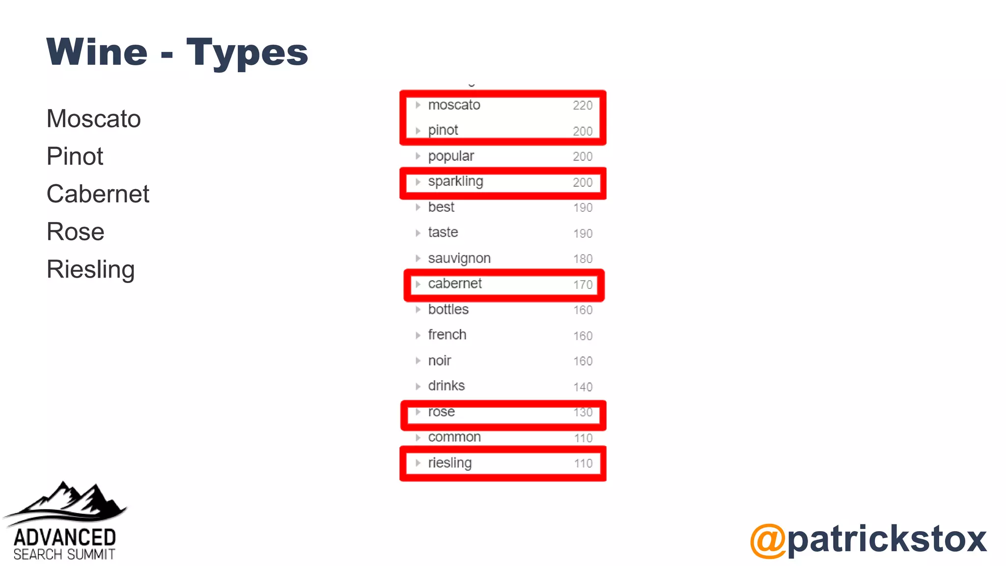 @patrickstox
Wine - Types
Moscato
Pinot
Cabernet
Rose
Riesling
 