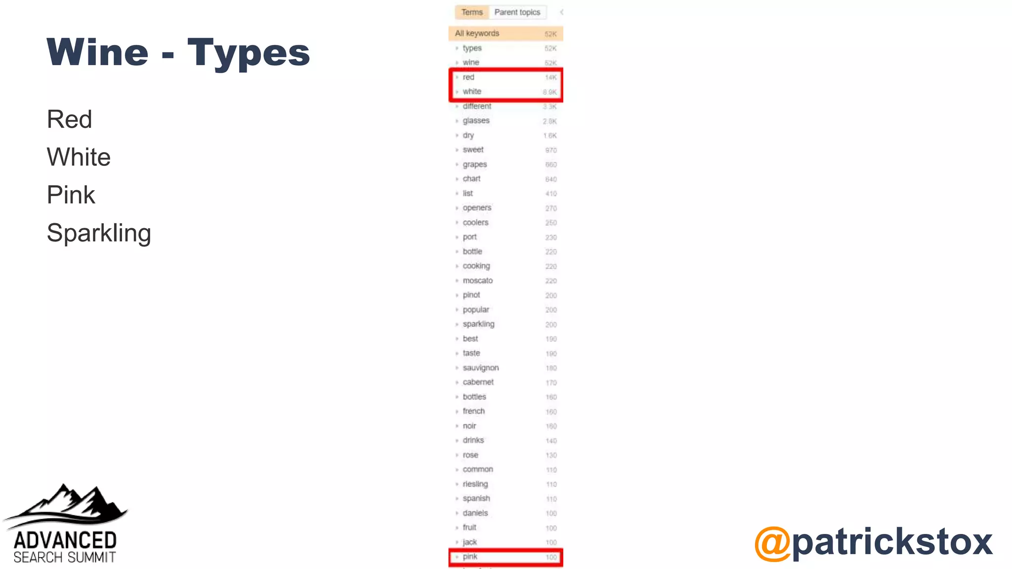 @patrickstox
Wine - Types
Red
White
Pink
Sparkling
 