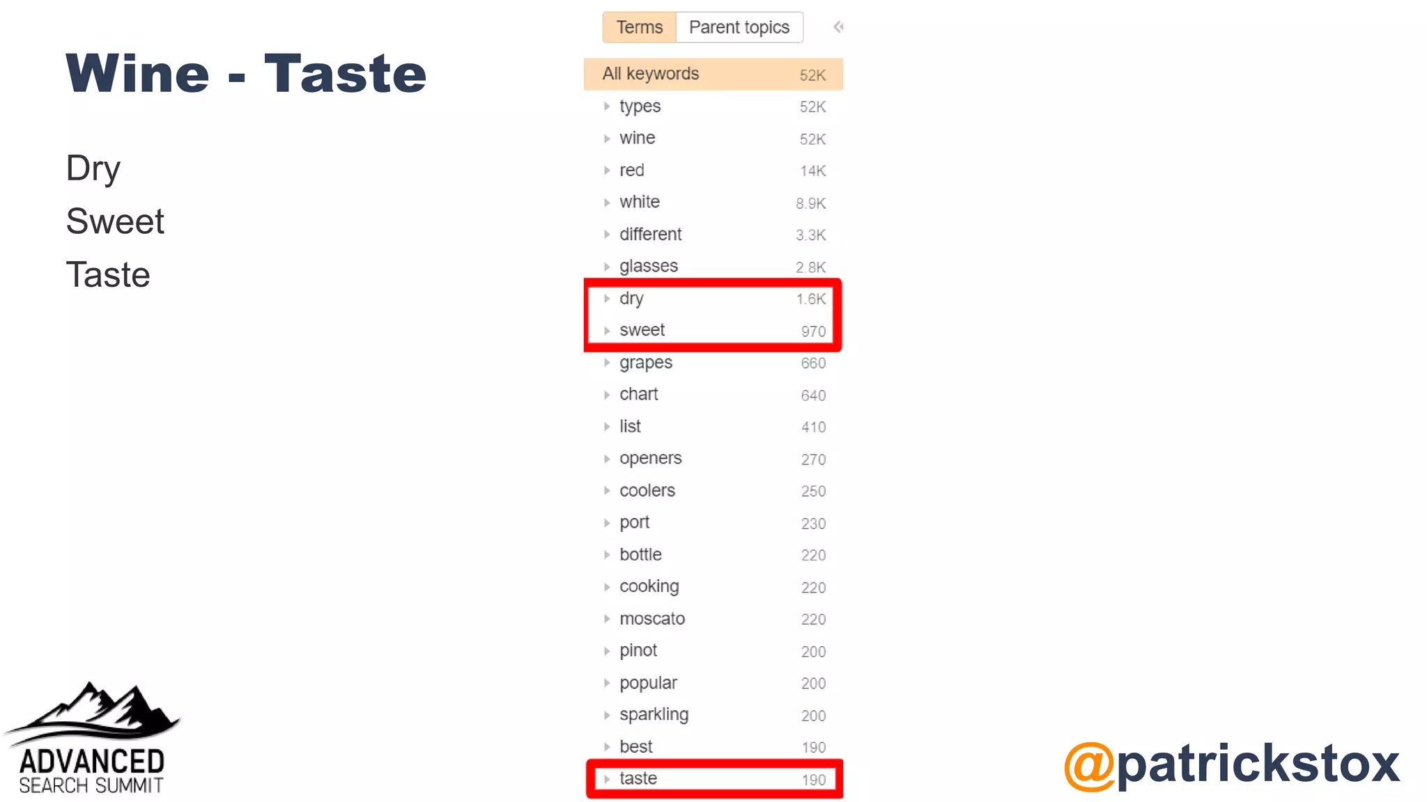 @patrickstox
Wine - Taste
Dry
Sweet
Taste
 