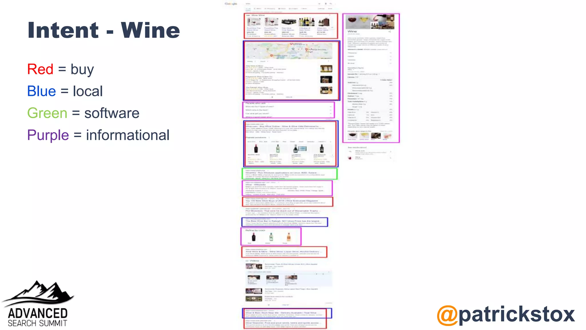 @patrickstox
Intent - Wine
Red = buy
Blue = local
Green = software
Purple = informational
 