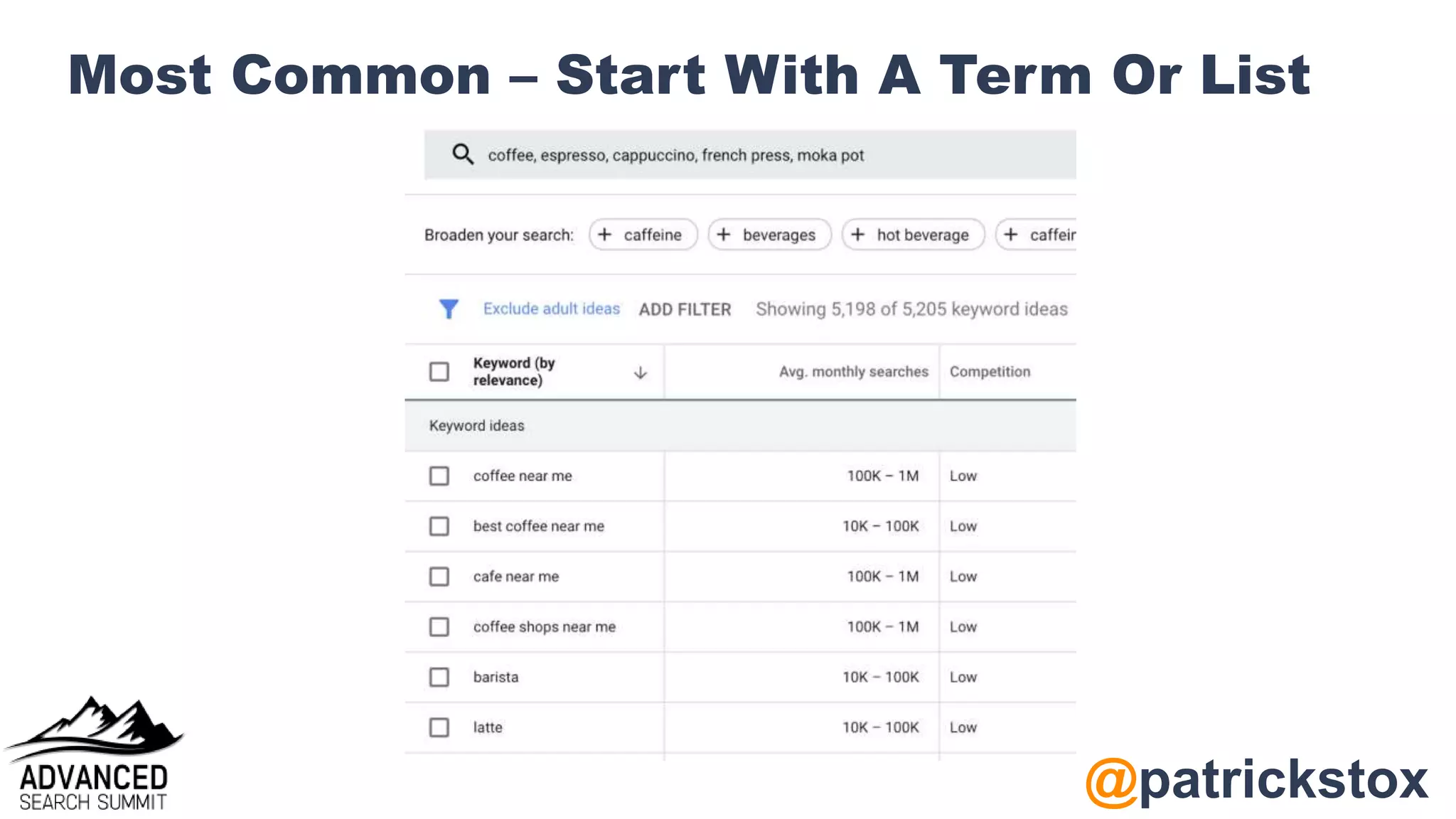 @patrickstox
Most Common – Start With A Term Or List
 