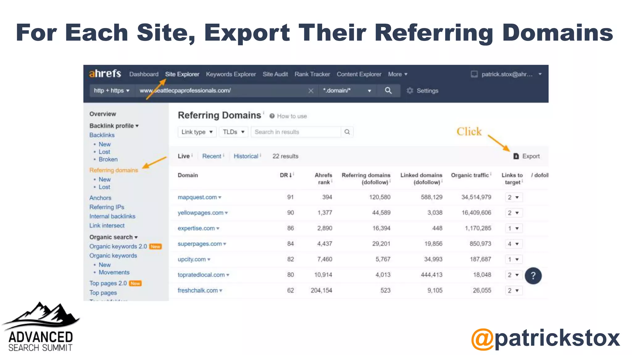 @patrickstox
For Each Site, Export Their Referring Domains
 