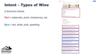 @patrickstox
Intent – Types of Wine
2 dominant intents
Red = cabernets, pinot, chardonnay, etc
Blue = red, white, pink, sp...
