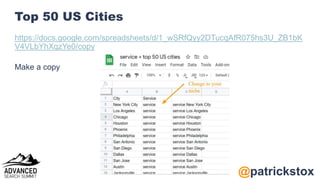 @patrickstox
Top 50 US Cities
https://docs.google.com/spreadsheets/d/1_wSRfQyy2DTucqAfR075hs3U_ZB1bK
V4VLbYhXqzYe0/copy
Ma...