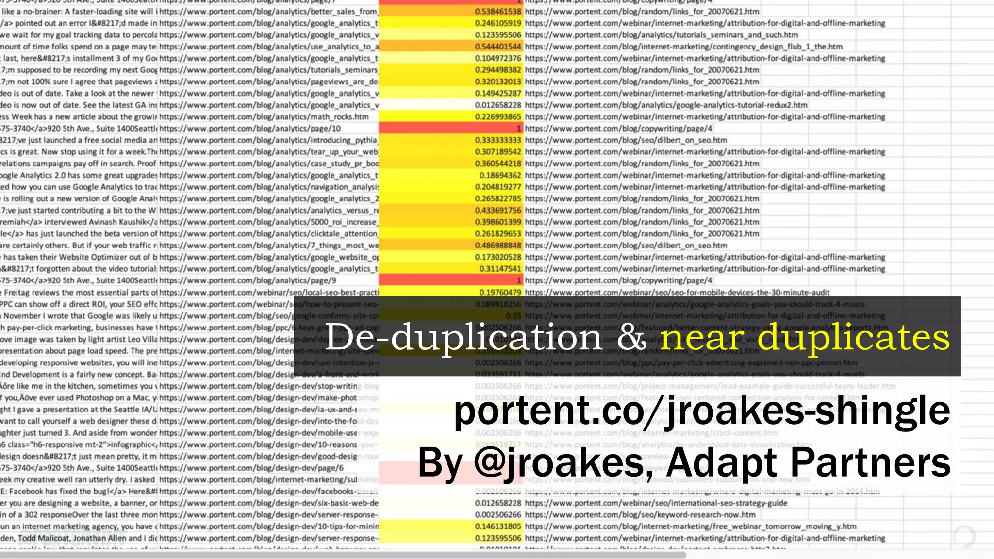 @portentint
De-duplication & near duplicates
portent.co/jroakes-shingle
By @jroakes, Adapt Partners
 