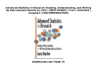 Advanced Statistics in Research: Reading, Understanding, and Writing
Up Data Analysis Results by {Full | [BEST BOOKS] | Free | Unlimited |
Complete | [RECOMMENDATION]
DONWLOAD LAST PAGE !!!!
Advanced Statistics in Research: Reading, Understanding, and Writing Up Data Analysis Results Ebook Online Advanced Statistics in Research: Reading, Understanding, and Writing Up Data Analysis Results is the simple, nontechnical introduction to the most complex multivariate statistics presented in empirical research articles.wwwStatsInResearch.com, is a companion website that provides free sample chapters, exercises, and PowerPoint slides for students and teachers. A free 600-item test bank is available to instructors.Advanced Statistics in Research does not show how to perform statistical procedures--it shows how to read, understand, and interpret them, as they are typically presented in journal articles and research reports. It demystifies the sophisticated statistics that stop most readers cold: multiple regression, logistic regression, discriminant analysis, ANOVA, ANCOVA, MANOVA, factor analysis, path analysis, structural equation modeling, meta-analysis--and more.Advanced Statistics in Research assumes that you have never had a course in statistics. It begins at the beginning, with research design, central tendency, variability, z scores, and the normal curve. You will learn (or re-learn) the big-three results that are common to most procedures: statistical significance, confidence intervals, and effect size. Step-by-step, each chapter gently builds on earlier concepts. Matrix algebra is avoided, and complex topics are explained using simple, easy-to-understand examples. Need help writing up your results? Advanced Statistics in Research shows how data-analysis results can be summarized in text, tables, and figures according to APA format. You will see how to present the basics (e.g., means and standard deviations) as well as the advanced (e.g., factor patterns, post-hoc tests, path models, and more).Advanced Statistics in Research is appropriate as a textbook for graduate students and upper-level undergraduates (see supplementary materials at StatsInResearch.com). It also serves as a
handy shelf reference for investigators and all consumers of research.
 