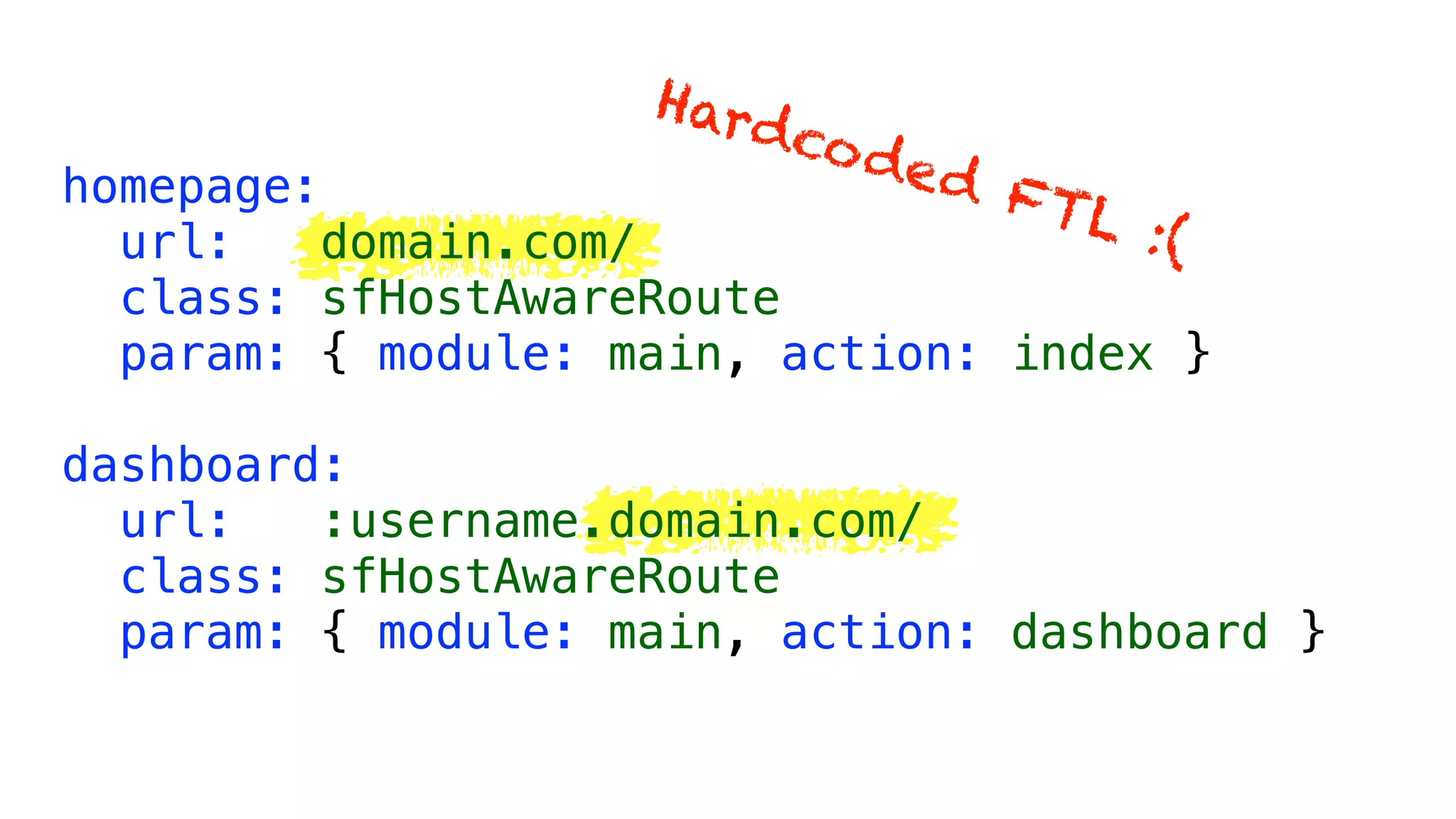 Hard
                         co d
homepage:                     e
                              d F
                                  TL
  url:   domain.com/                  :(
  class: sfHostAwareRoute
  param: { module: main, action: index }

dashboard:
  url:   :username.domain.com/
  class: sfHostAwareRoute
  param: { module: main, action: dashboard }
 