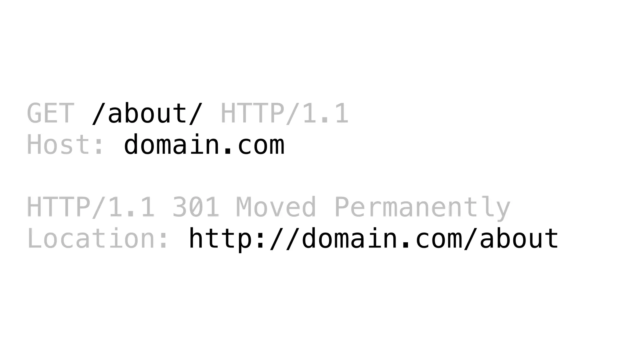 GET /about/ HTTP/1.1
Host: domain.com

HTTP/1.1 301 Moved Permanently
Location: http://domain.com/about
 