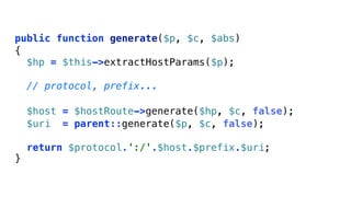 public function generate($p, $c, $abs)
{
  $hp = $this->extractHostParams($p);

    // protocol, prefix...

    $host = $hostRoute->generate($hp, $c, false);
    $uri = parent::generate($p, $c, false);

    return $protocol.':/'.$host.$prefix.$uri;
}
 