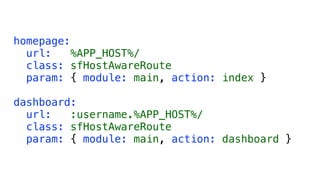 homepage:
  url:   %APP_HOST%/
  class: sfHostAwareRoute
  param: { module: main, action: index }

dashboard:
  url:   :username.%APP_HOST%/
  class: sfHostAwareRoute
  param: { module: main, action: dashboard }
 
