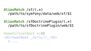 AliasMatch /sf/(.*)
  /path/to/symfony/data/web/sf/$1

AliasMatch /sfDoctrinePlugin/(.*)
  /path/to/sfDoctrinePlugin/web/$1

NameVirtualHost *:80
<VirtualHost _default_:80>
  # ...
 