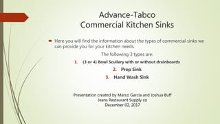 Advance-Tabco
Commercial Kitchen Sinks
 Here you will find the information about the types of commercial sinks we
can provide you for your kitchen needs.
The following 3 types are:
1. (3 or 4) Bowl Scullery with or without drainboards
2. Prep Sink
3. Hand Wash Sink
Presentation created by Marco Garcia and Joshua Buff
Jeans Restaurant Supply co
December 02, 2017
 