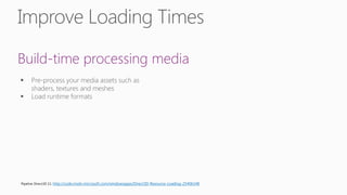 Build-time processing media
Pipeline Direct3D 11: http://code.msdn.microsoft.com/windowsapps/Direct3D-Resource-Loading-25406148
 