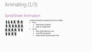 SpriteSheet Animation
Create animation sequences from an Atlas
 Pros:
 High level of detail
 Easy to implement
 Cons:
 Very High Memory use
 Low FPS resolution
 Hand drawn frames take time
 