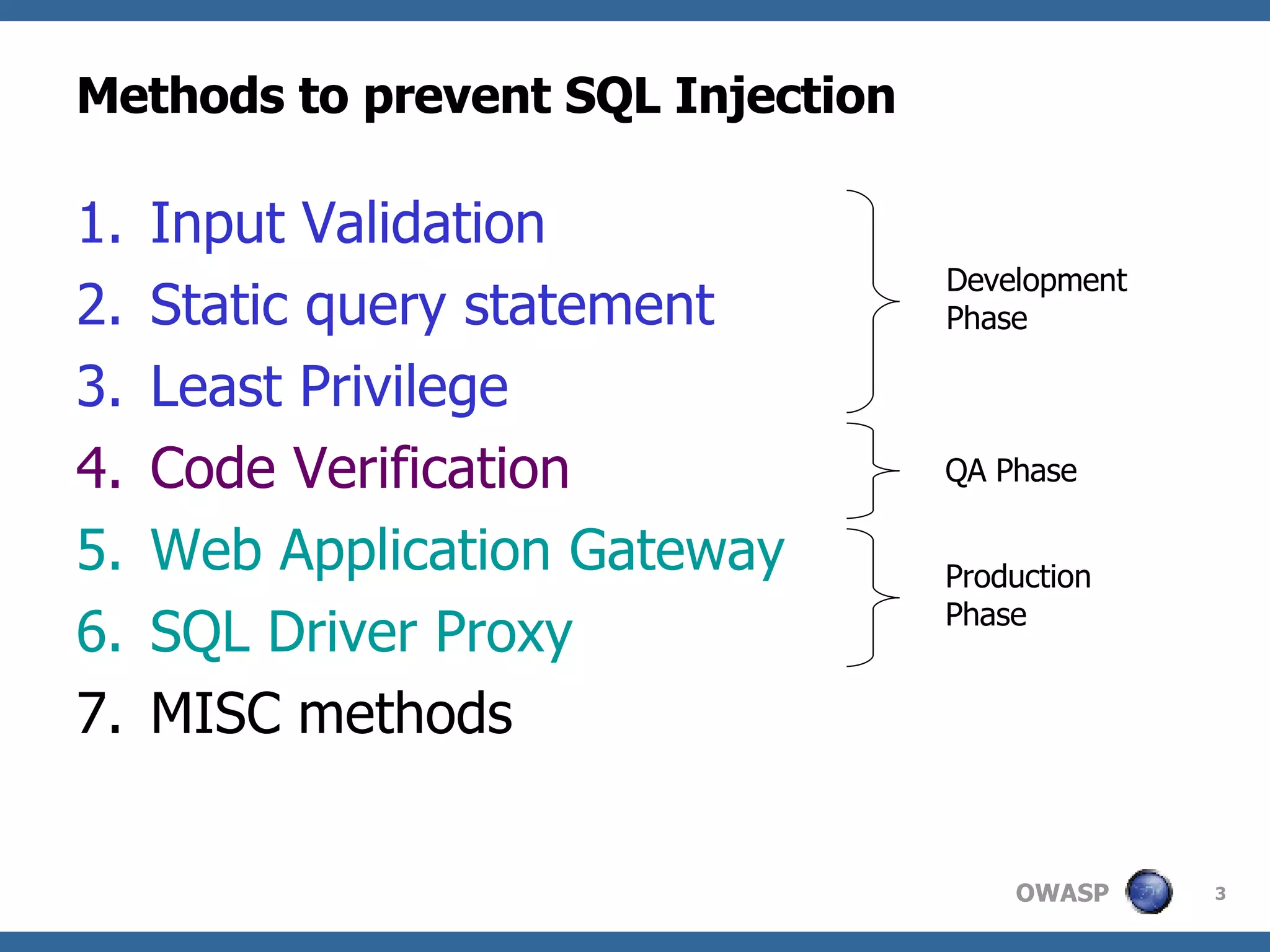 Methods to prevent SQL Injection Input Validation Static query statement Least Privilege Code Verification Web Application Gateway SQL Driver Proxy MISC methods Development Phase QA Phase Production Phase 