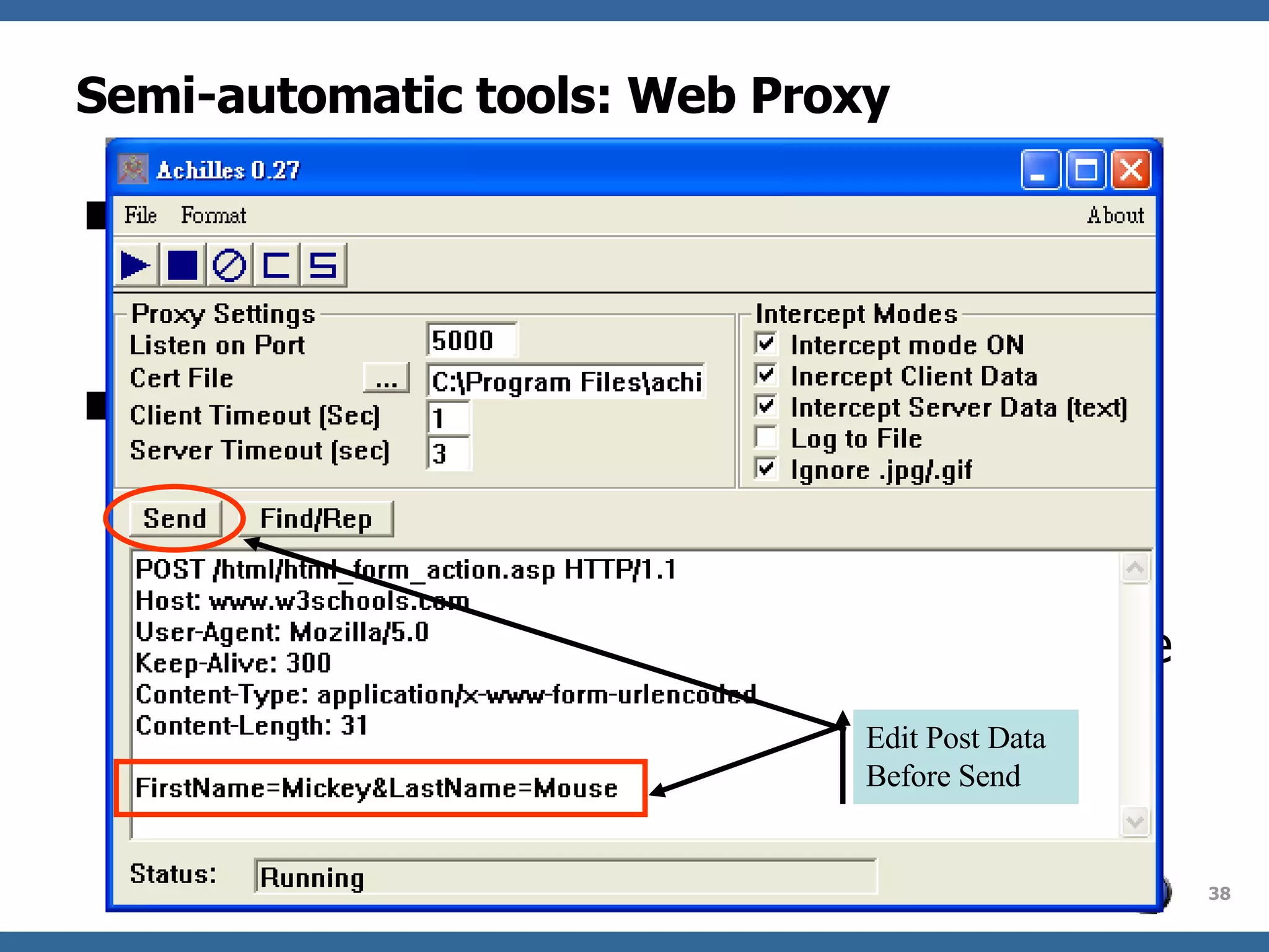Semi-automatic tools: Web Proxy Even if you hire an expert to test your application, a semi-automatic tool may help to speed-up the process.  There are tools that works like a proxy to intercept the HTTP traffic, and let you change the  POST  form data before  it is  sen t  to the web server, and it can screen out hidden fields, list JSP/ASP comments that may reveal some of the program flow. Edit Post Data Before Send 