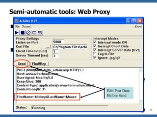 Semi-automatic tools: Web Proxy Even if you hire an expert to test your application, a semi-automatic tool may help to speed-up the process.  There are tools that works like a proxy to intercept the HTTP traffic, and let you change the  POST  form data before  it is  sen t  to the web server, and it can screen out hidden fields, list JSP/ASP comments that may reveal some of the program flow. Edit Post Data Before Send 