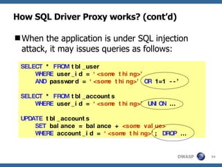 How SQL Driver Proxy works? (cont’d) When the application is under SQL injection attack, it may issues queries as follows: SELECT  *  FROM  tbl_user  WHERE  user_id =  ‘<some thing>’   AND  password =  ‘<some thing>’  OR   1=1 --’ SELECT  *  FROM  tbl_accounts WHERE  user_id =  ‘<some thing>’   UNION  … UPDATE  tbl_accounts  SET  balance = balance +  <some value>  WHERE  account_id =  ‘<some thing>’ ;  DROP  … 