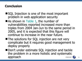 Conclusion SQL Injection is one of the most important problem in web application security As shown in  Table 1 , the number of vulnerabilities reported increased more than triples from 2004 Jan-Jun to the same period in 2005, and it is expected that this figure will continue to increase in the near future. The solutions for SQL injection are not very complicate but it requires good management to deploy properly Don’t under estimate SQL injection and tackle the problem in a more holistic and systematic approach 