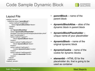 Ivan Chepurnyi
Code Sample Dynamic Block
Meet Magento
<default_varnish>
<reference name=”parentBlock”>
<action method="unsetChild”>
<block>dynamicBlockAlias</block>
</action>
<block
as="dynamicBlockAlias”
name=”dynamicBlockPlaceholder"
template="ecomdev/varnish/wrapper/placeholder.phtml"
type="core/template">
<action method="append">
<block>dynamicBlock</block>
</action>
<action method="setBlockName">
<block>dynamicBlock</block>
</action>
<action method="setCookie">
<cookie>dynamicCookie</cookie>
</action>
<action method="setWrapperId">
<htmlId>elementId</htmlId>
</action>
</block>
</reference>
</default_varnish>
Layout File • parentBlock – name of the
parent block
• dynamicBlockAlias – alias of the
dynamic block in parent block
• dynamicBlockPlaceholder –
unique name of your placeholder
• dynamicBlock – name of the
original dynamic block
• dynamicCookie – name of the
cookie for dynamic blocks
• elementId – HTML ID for the
placeholder div, that is going to be
used as container
 