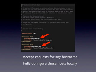 Accept requests for any hostname
Fully-conﬁgure those hosts locally
 
