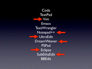 Coda
   TextPad
     Vim
    Emacs
TextWrangler
 Notepad++
  UltraEdit
DreamWeaver
    PSPad
    Eclipse
 SubEthaEdit
    BBEdit
 