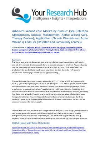 Get full report withTable Of Contents:
AdvancedWoundCare Market byProduct Type (InfectionManagement,ExudateManagement,
Active WoundCare,TherapyDevices),Application(ChronicWoundsandAcute Wounds),EndUser
(HospitalsandCommunityCenters)
Advanced Wound Care Market by Product Type (Infection
Management, Exudate Management, Active Wound Care,
Therapy Devices), Application (Chronic Wounds and Acute
Wounds), End User (Hospitals and Community Centers)
Viewfull report at AdvancedWoundCare Market by Product Type (InfectionManagement,
Exudate Management,Active WoundCare, Therapy Devices),Application(ChronicWoundsand
Acute Wounds),EndUser (Hospitalsand CommunityCenters)
Summary:
Traditional woundcare andadvancedwoundcare productsare usedto treat acute and chronic
wounds.Chronicwoundstake substantialtime to heal andare expensive totreat.Advancedwound
care has emergedasa standardsolutionfortreatingchronicwounds.Traditionalwoundcare
productsare beingsubstitutedbyadvancedwoundcare productsdue totheirefficacyand
effectivenessinmanagingwoundsbyenablingfasterhealing.
The worldadvancedwoundcare market wasvaluedat$7,117 millionin2015 and isexpectedto
reach $12,454 million,growingata CAGR of 8.3% during2016-2022. Market growthisattributedto
the rapidincrease inthe incidence of chronicdiseasessuchasdiabetes,changinglifestyle factors,
and attemptstoreduce the durationof hospital staysto limitthe surgical costs.Inaddition,the
demandforadvancedwoundcare marketis drivenbyfavorable reimbursementscenario, increasing
healthcare expenditure bythe government,andrisinginclinationtowardsproductsthatenhance
therapeuticoutcomes.However,highcostof advancedwoundcare productscoupledwithlow
awareness,especiallyinunderdevelopedcountriessuchasNigeria,Afghanistan,andBhutan,are
expectedtorestrainthe marketgrowth.
The worldadvancedwoundcare market issegmentedonthe basisof producttype,application,end
user,and geography.Byproducttype,itis segmentedintoinfectionmanagement, exudate
management,active woundcare,andtherapydevices.Infectionmanagementisthe leading
segment,whichisfurtherdividedintosilverdressings,non-silverdressings,andcollagens.Basedon
 
