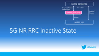5G NR RRC Inactive State
@3g4gUK
NR RRC_CONNECTED
NR RRC_IDLE
NR RRC_INACTIVE
Establish /
Release
Release
Resume / Release
with Suspend
3GPP TS 38.331
 