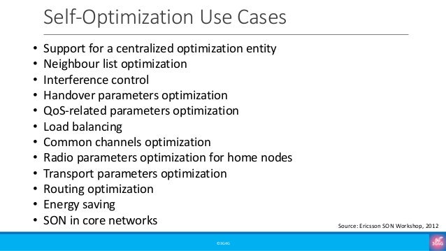 Self-Optimization Use Cases
©3G4G
• Support for a centralized optimization entity
• Neighbour list optimization
• Interference control
• Handover parameters optimization
• QoS-related parameters optimization
• Load balancing
• Common channels optimization
• Radio parameters optimization for home nodes
• Transport parameters optimization
• Routing optimization
• Energy saving
• SON in core networks Source: Ericsson SON Workshop, 2012
 