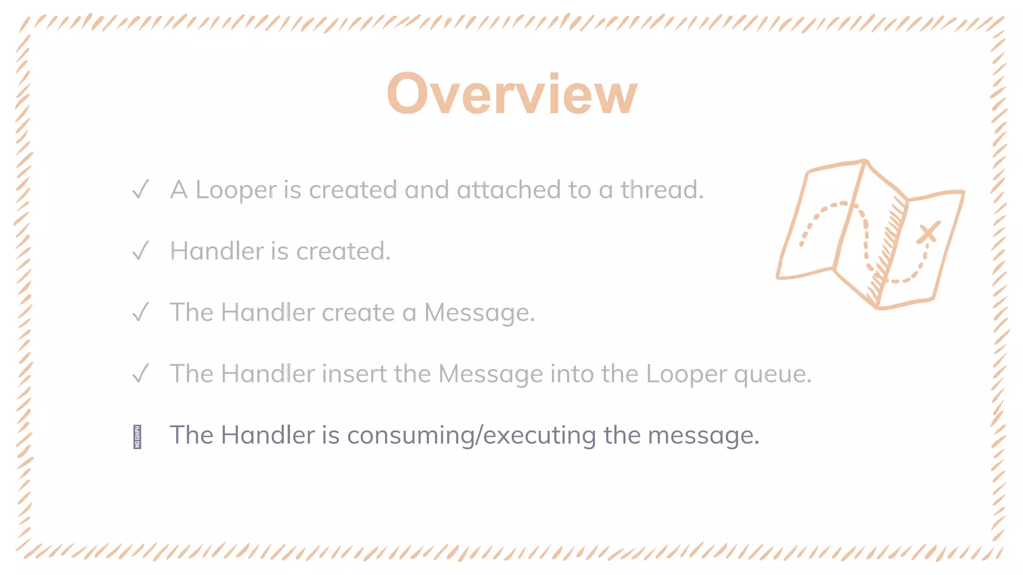 Overview
✓ A Looper is created and attached to a thread.
✓ Handler is created.
✓ The Handler create a Message.
✓ The Handler insert the Message into the Looper queue.
ꢈ The Handler is consuming/executing the message.
 