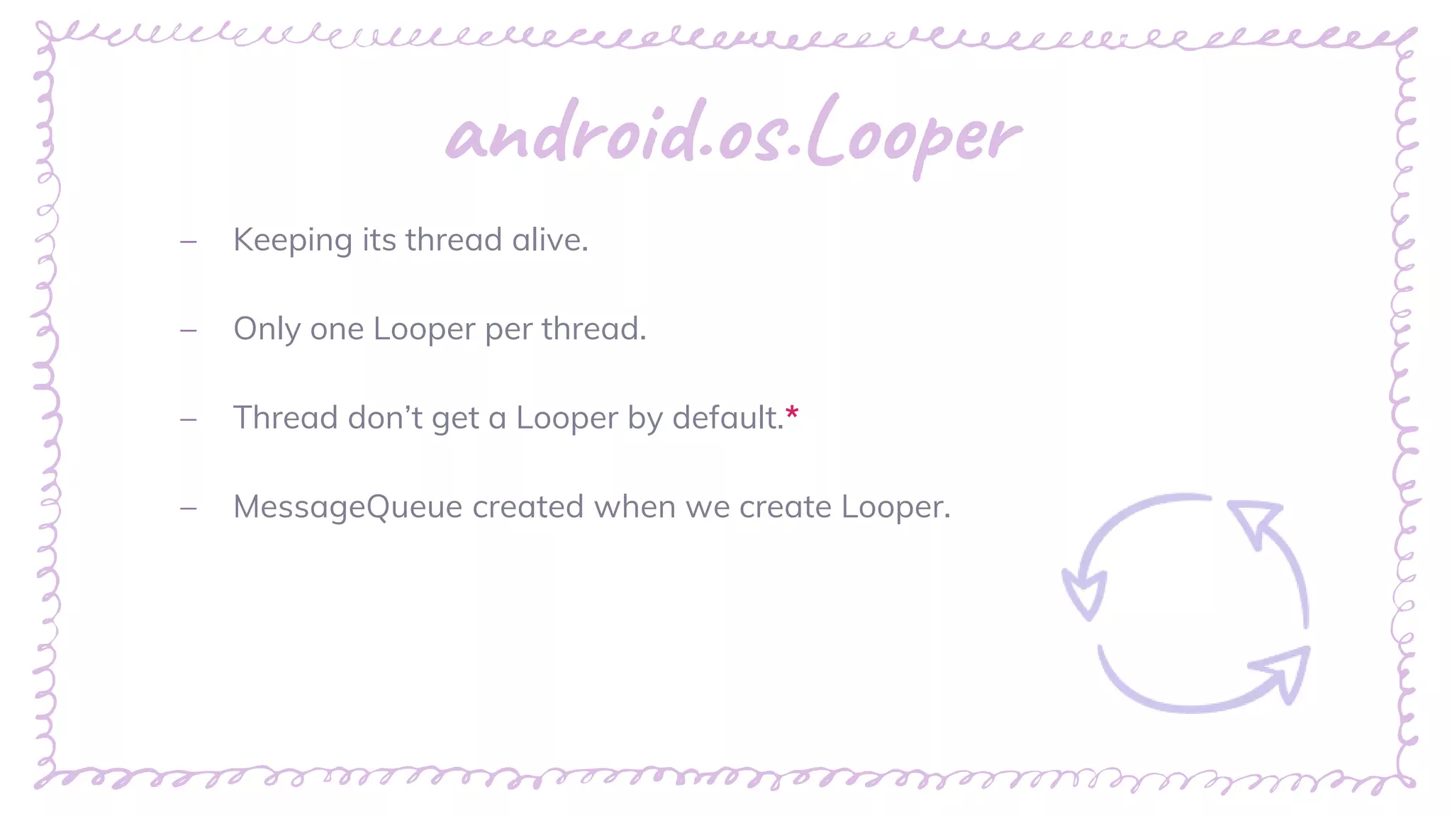 “
android.os.Looper
– Keeping its thread alive.
– Only one Looper per thread.
– Thread don’t get a Looper by default.*
– MessageQueue created when we create Looper.
 