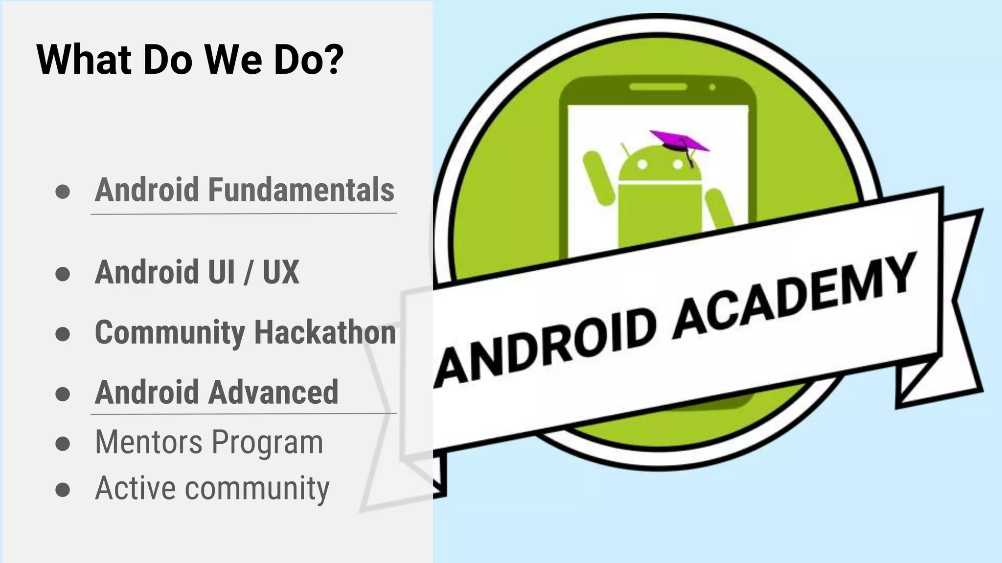 What Do We Do?
● Android Fundamentals
● Android UI / UX
● Community Hackathon
● Android Advanced
● Mentors Program
● Active community
 