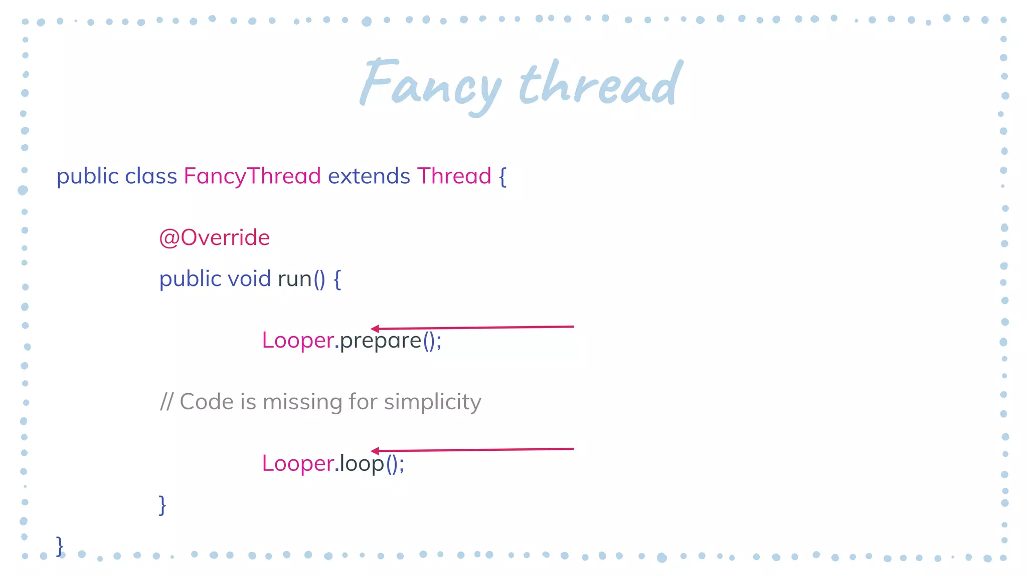 Fancy thread
public class FancyThread extends Thread {
@Override
public void run() {
Looper.prepare();
// Code is missing for simplicity
Looper.loop();
}
}
 