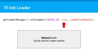 Init Loader
getLoaderManager().initLoader(LOADER_ID, args, LoaderCallbacks);
Optional Bundle
Can be used for Loader creation
 