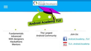 The Largest
Android Community
Android Academy - TLV
TLV - Android Academy
Join Us:Fundamentals
Advanced
With designers
Hackathons
Mentors
 