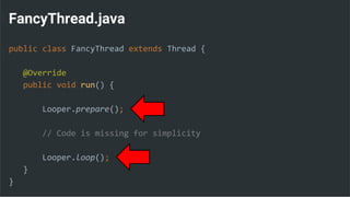 FancyThread.java
public class FancyThread extends Thread {
@Override
public void run() {
Looper.prepare();
// Code is missing for simplicity
Looper.loop();
}
}
 