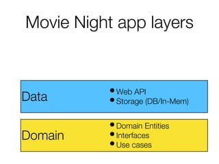 Movie Night app layers
Data
Domain
•Web API
•Storage (DB/In-Mem)
•Domain Entities
•Interfaces
•Use cases
 