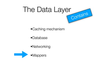 The Data Layer
•Caching mechanism
•Database
•Networking
•Mappers
 