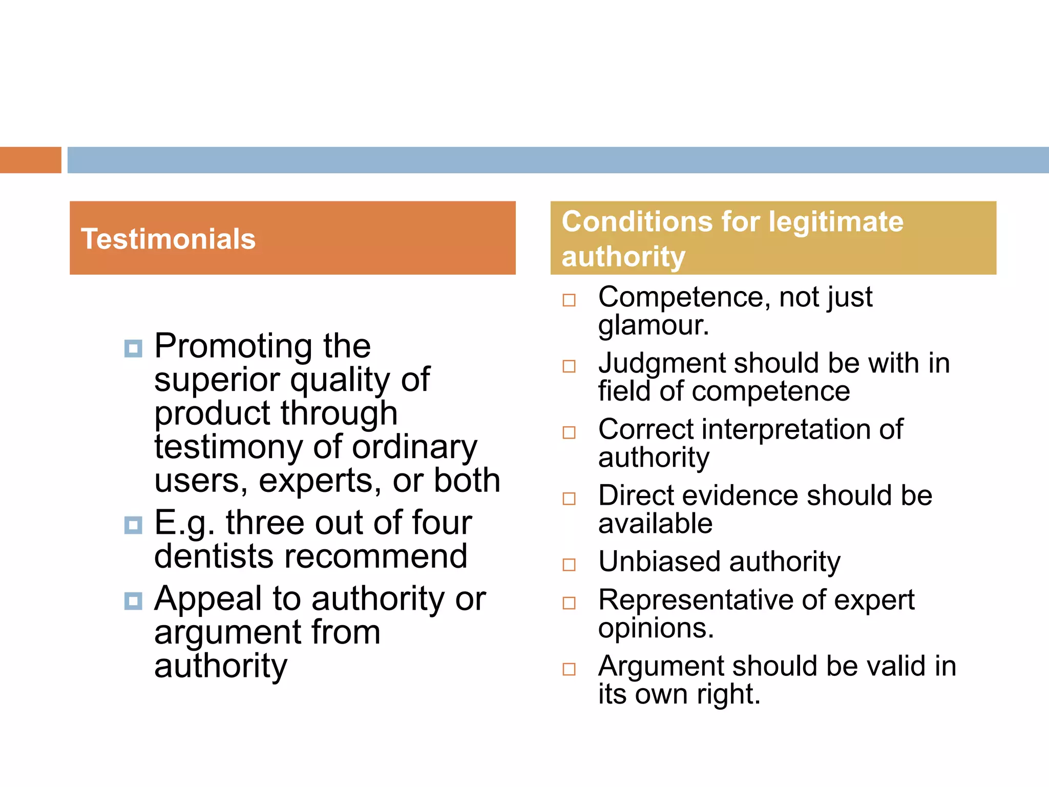 Conditions for legitimate
Testimonials
                              authority
                               Competence, not just
                                glamour.
   Promoting the              Judgment should be with in
    superior quality of         field of competence
    product through            Correct interpretation of
    testimony of ordinary       authority
    users, experts, or both    Direct evidence should be
   E.g. three out of four      available
    dentists recommend         Unbiased authority

   Appeal to authority or     Representative of expert
    argument from               opinions.
    authority                  Argument should be valid in
                                its own right.
 
