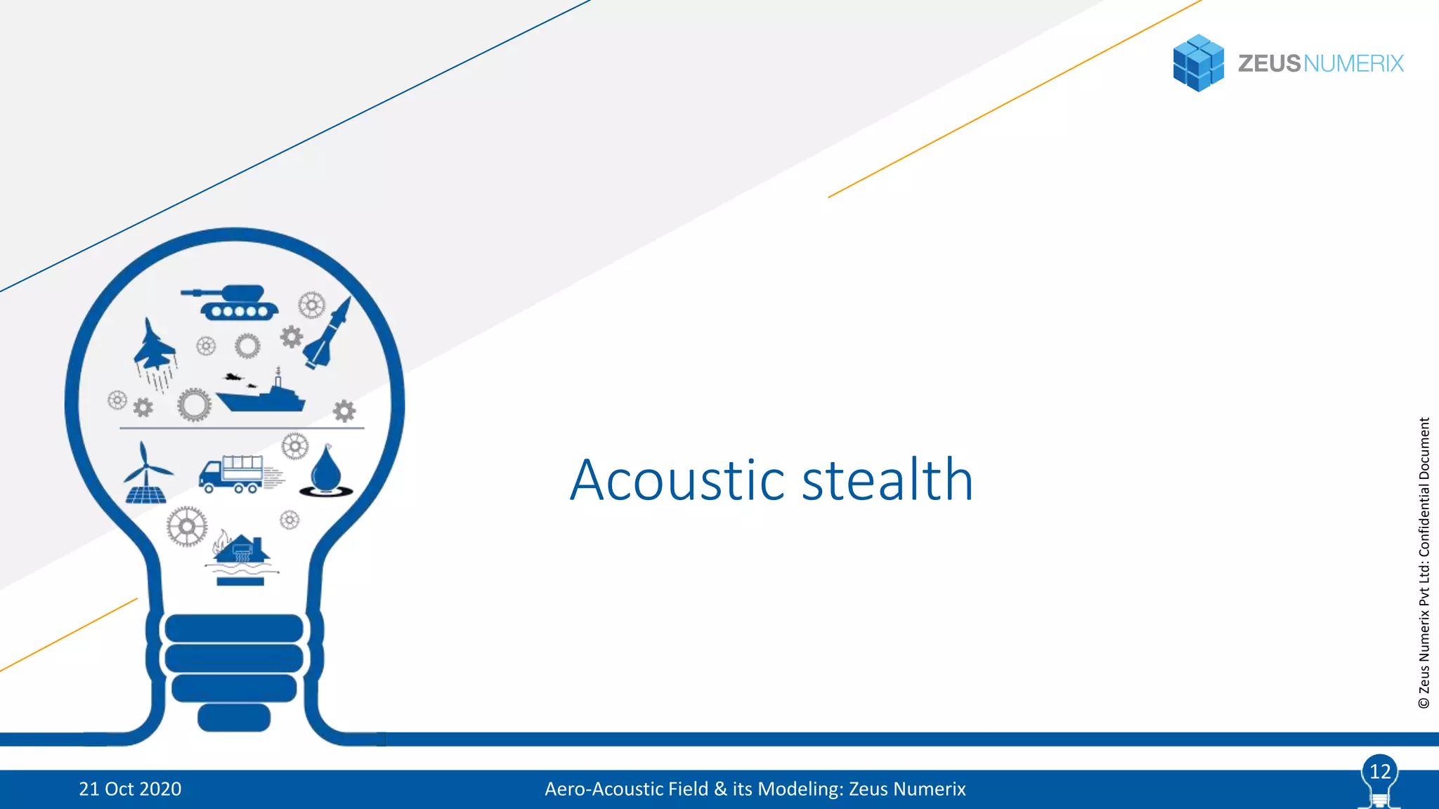 12
©ZeusNumerixPvtLtd:ConfidentialDocument
Acoustic stealth
Aero-Acoustic Field & its Modeling: Zeus Numerix21 Oct 2020
12
 