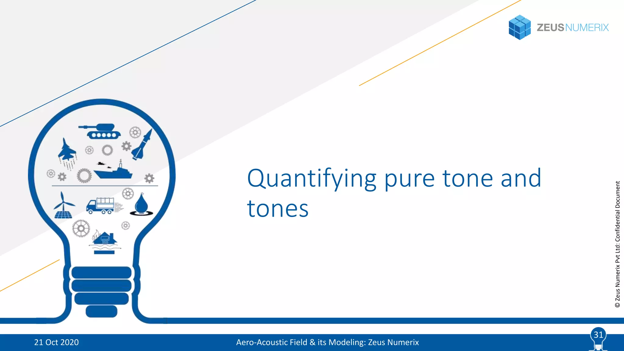 31
©ZeusNumerixPvtLtd:ConfidentialDocument
Quantifying pure tone and
tones
Aero-Acoustic Field & its Modeling: Zeus Numerix21 Oct 2020
31
 