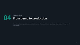 04
THE REST OF THE DAY
From demo to production
Everything after this point is reference. It is the part six of you asked about — and the part that decides whether any of
this survives.
27
 