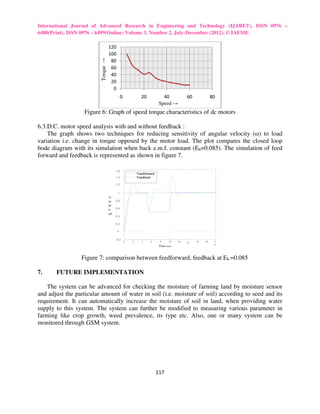 International Journal of Advanced Research in Engineering and Technology (IJARET), ISSN 0976 –
6480(Print), ISSN 0976 – 6499(Online) Volume 3, Number 2, July-December (2012), © IAEME

                                    120
                                    100




                         Torque →
                                     80
                                     60
                                     40
                                     20
                                      0
                                               0             20             40              60             80
                                                                          Speed →
                  Figure 6: Graph of speed torque characteristics of dc motors

6.3.D.C. motor speed analysis with and without feedback :
    The graph shows two techniques for reducing sensitivity of angular velocity (ω) to load
variation i.e. change in torque opposed by the motor load. The plot compares the closed loop
bode diagram with its simulation when back e.m.f. constant (Eb=0.085). The simulation of feed
forward and feedback is represented as shown in figure 7.

                                         1.6
                                                           Feedforward
                                         1.4               Feedback

                                         1.2

                                          1
                                    A
                                    m    0.8
                                    pl
                                    it   0.6
                                    ud
                                         0.4

                                         0.2

                                          0

                                         -0.2
                                                   0   2      4    6      8       10   12   14   16   18    2
                                                                                                            0
                                                                          Time (sec)



                 Figure 7: comparison between feedforward, feedback at Eb =0.085

7.     FUTURE IMPLEMENTATION

    The system can be advanced for checking the moisture of farming land by moisture sensor
and adjust the particular amount of water in soil (i.e. moisture of soil) according to seed and its
requirement. It can automatically increase the moisture of soil in land, when providing water
supply to this system. The system can further be modified to measuring various parameter in
farming like crop growth, weed prevalence, its type etc. Also, one or many system can be
monitored through GSM system.




                                                                         117
 